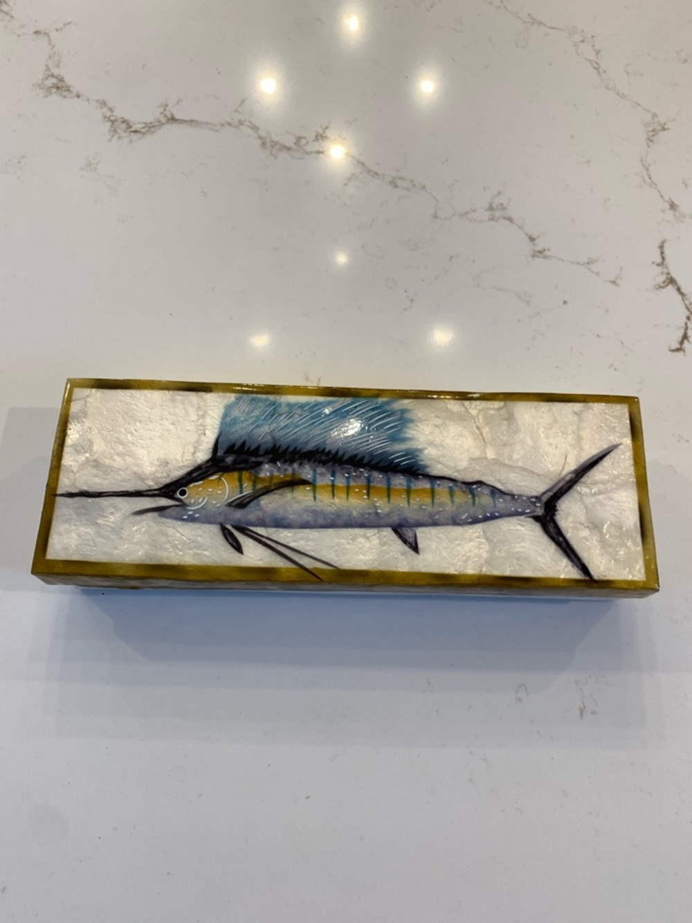 Capiz Shell Sailfish Decorative Box in Iridescent Mother Of Pearl 9”